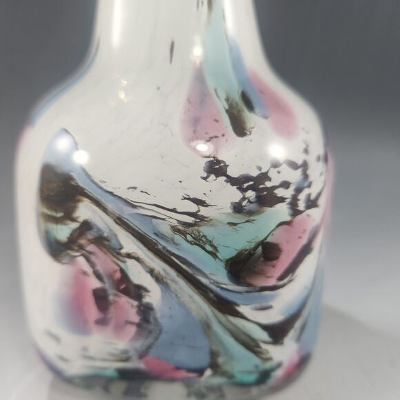 Signed Art Glass Vase Cased Clear Confetti White Swirl Blue Crest Amethyst Pink - Picture 7 of 10
